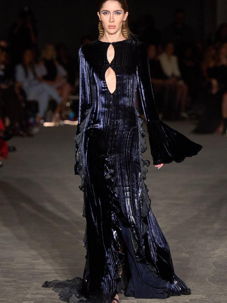 christian siriano Metallic Velvet Stripe Double Keyhole Ruffled Gown