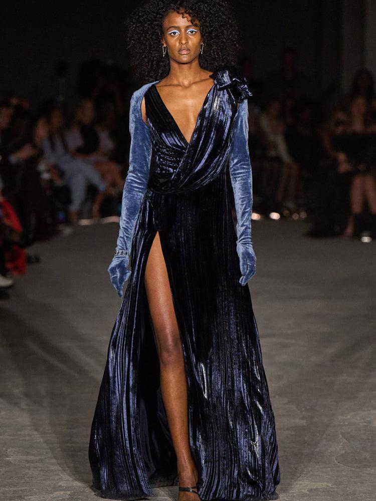 christian siriano Metallic Velvet Stripe V Neck Draped Gown