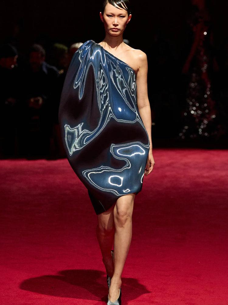 christian siriano Midnight Iridescent Liquid Organza Asymmetric Bubble Mini Dress