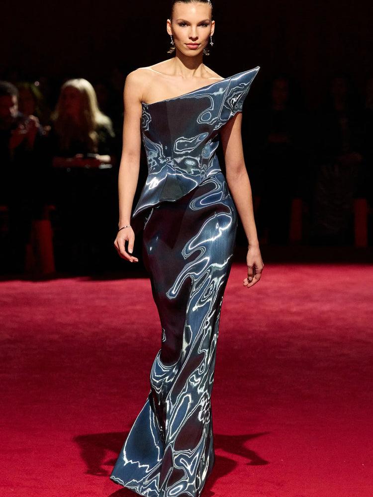 christian siriano Midnight Iridescent Liquid Organza Asymmetric Structured Shoulder Peplum Gown