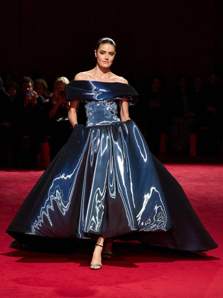 christian siriano Midnight Iridescent Liquid Organza Off the Shoulder Ball Gown