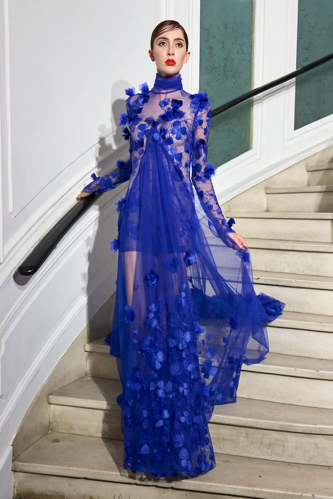 christian siriano Mock Neck Cobalt Petal Appliqué Gown