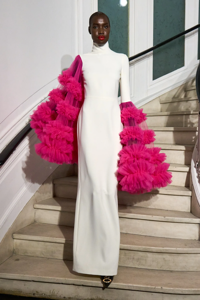 christian siriano Mock Neck Gown with Embroidered Tulle Sleeves