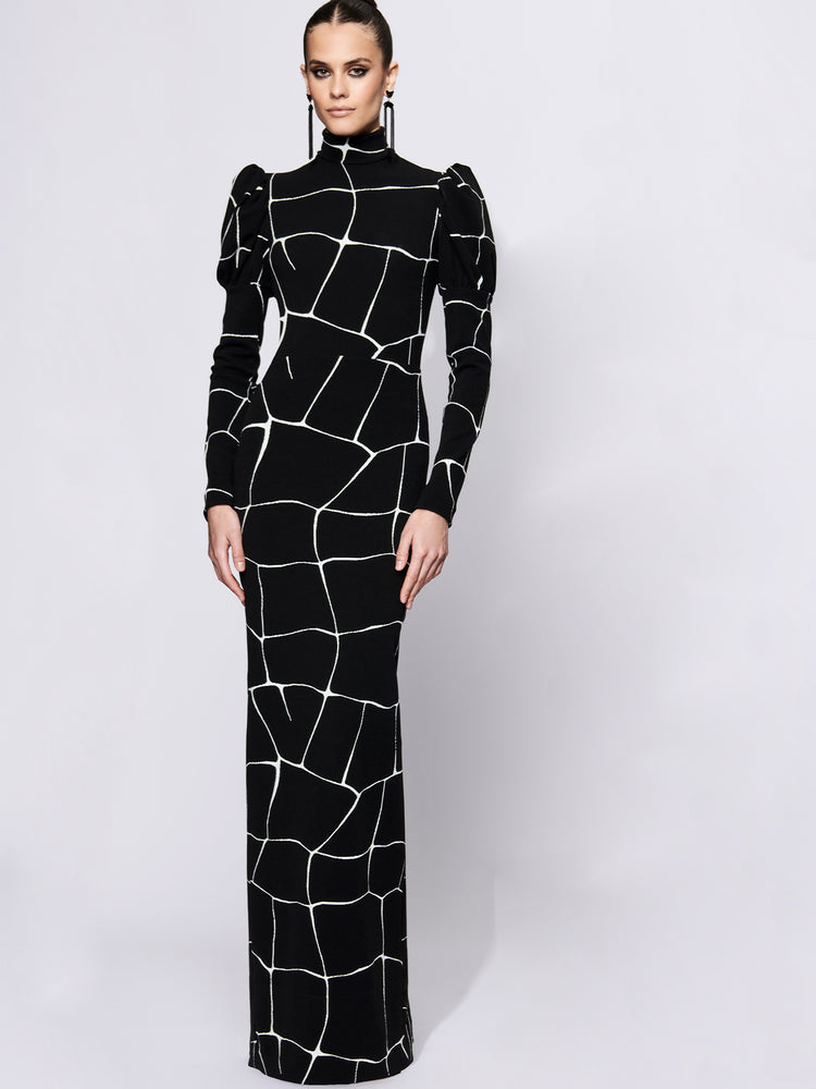 christian siriano Mock Neck Puff Sleeve Column Gown