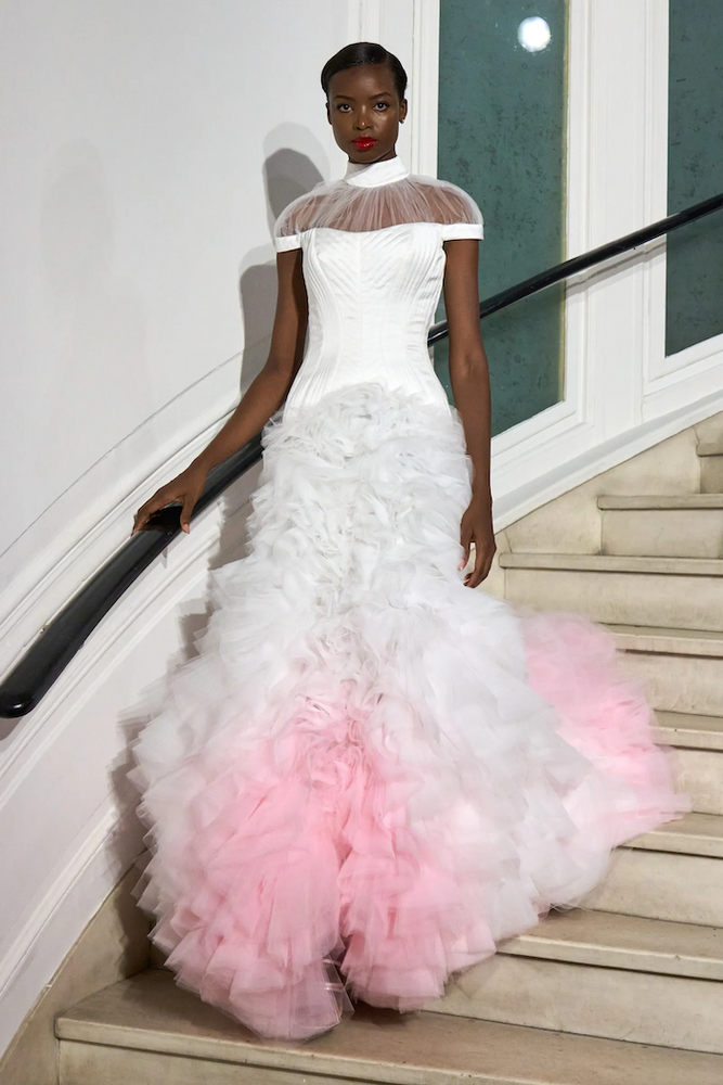 christian siriano Mock Neck Topstitch Corset Gown with Cascading Tulle Layers