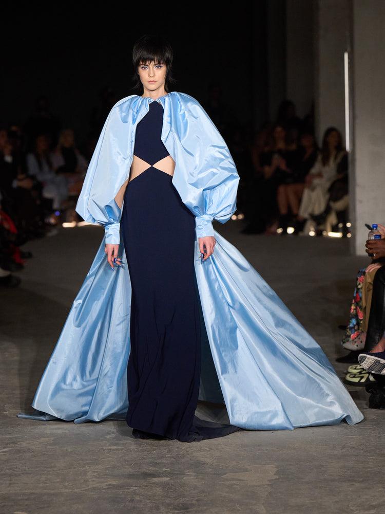 christian siriano Navy Cut Out Gown with Taffeta Bubble Sleeve Cape