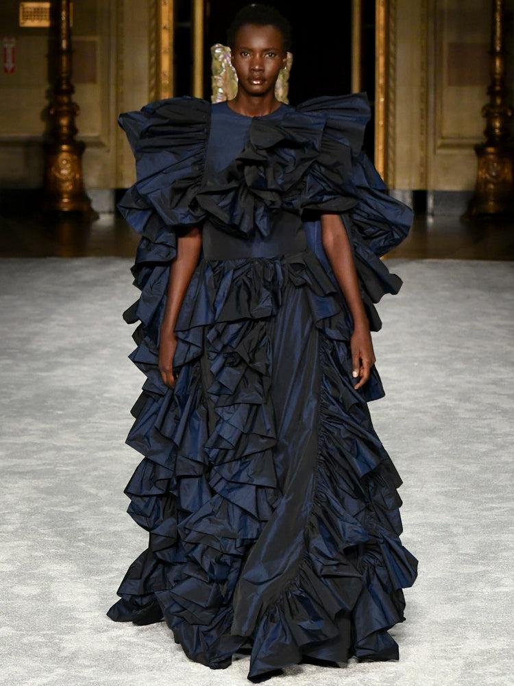 christian siriano Navy Taffeta Ruffled Evening Gown