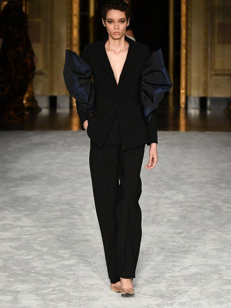 christian siriano Navy Taffeta Sculptured Detail Single Button Blazer