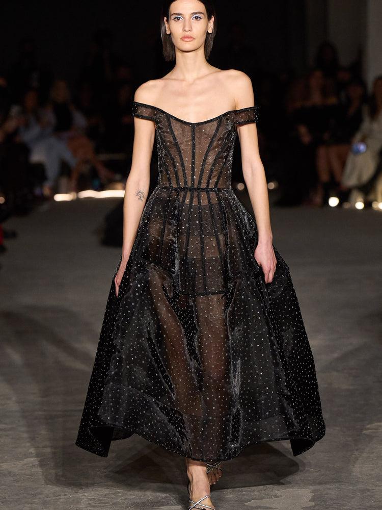 christian siriano Off the Shoulder Crystallized Mesh Cage Dress