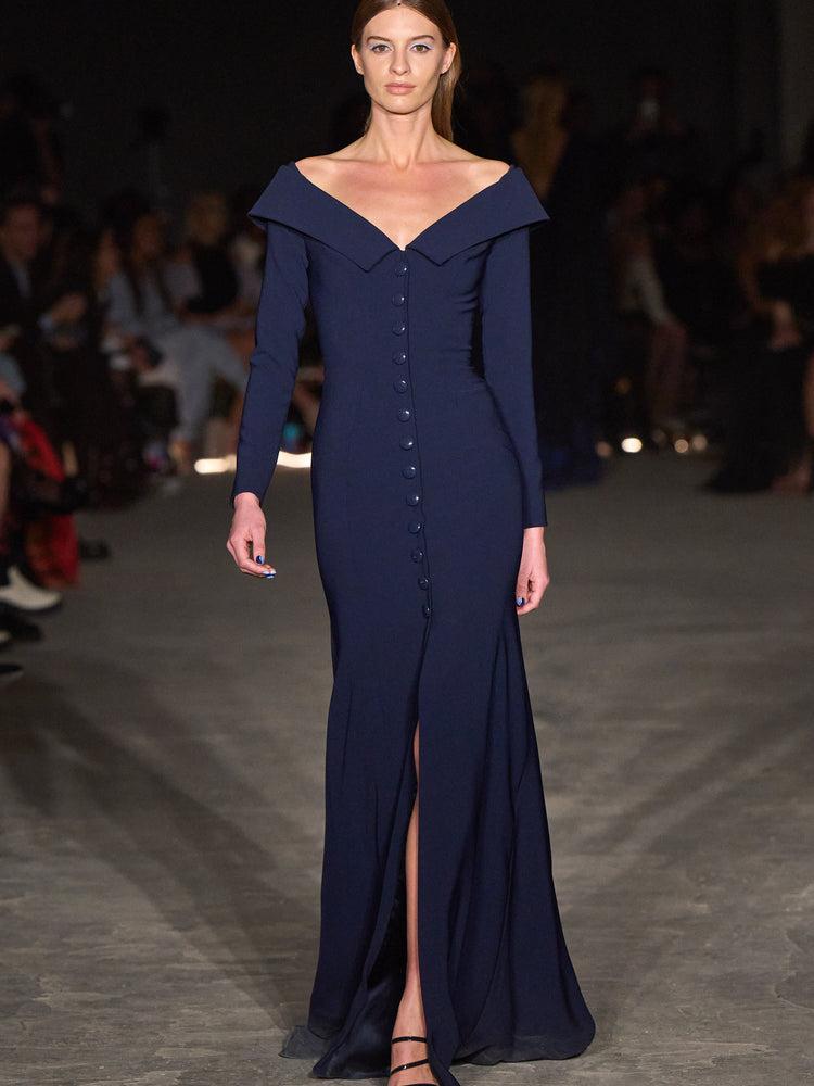 christian siriano Off the Shoulder Textured Crepe Gown with Button Front Detail