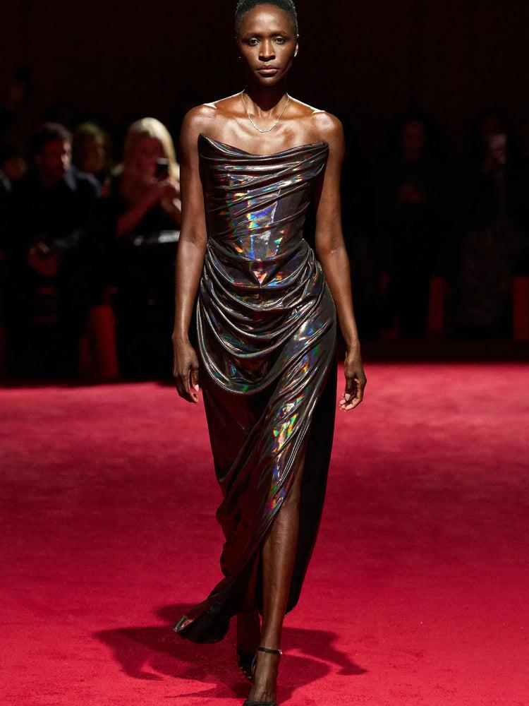 christian siriano Oil Slick Strapless Corset Draped Gown