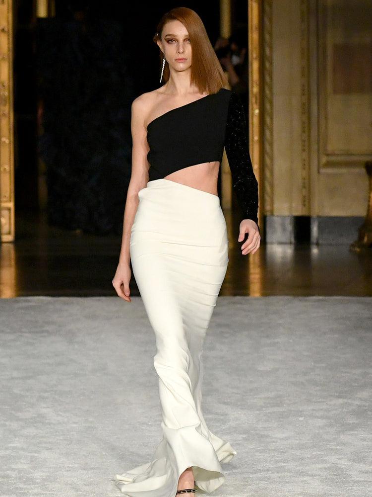 christian siriano One Shoulder Cut-Out Color Block Gown