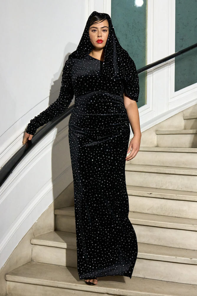 christian siriano One Sleeve Hooded Velvet Sparkle Gown