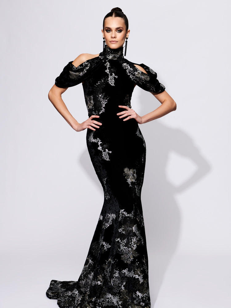christian siriano Open Shoulder Embellished Velvet Gown