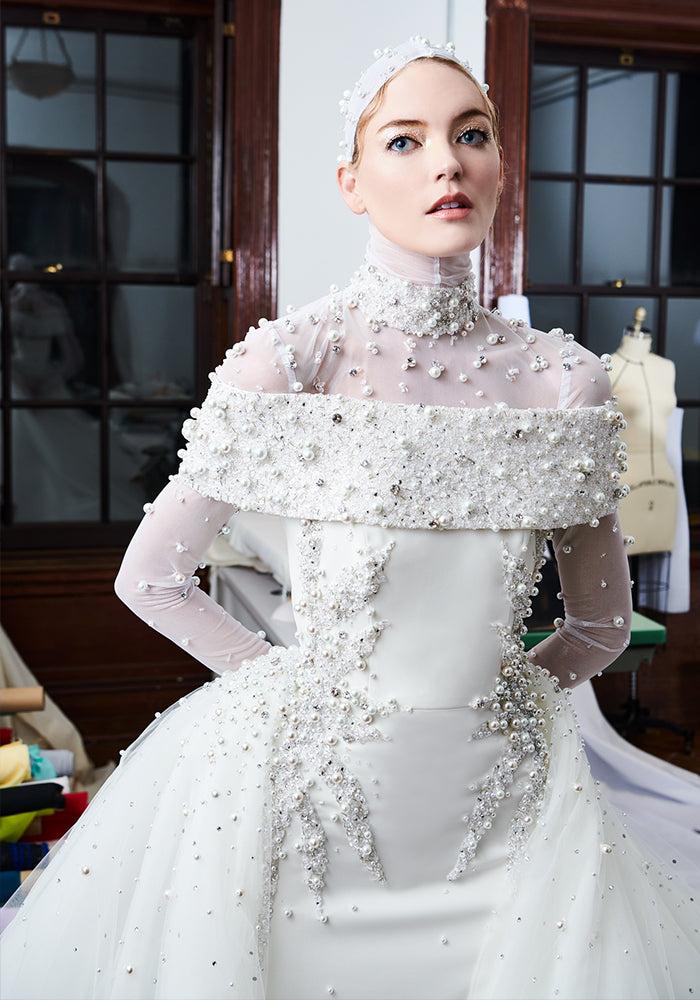 christian siriano Pearl and Crystal Beaded Off the Shoulder Column Gown with Overskirt