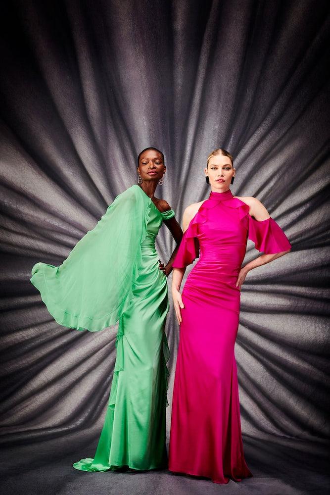 christian siriano Pistachio Green Satin Shoulder Drape Gown