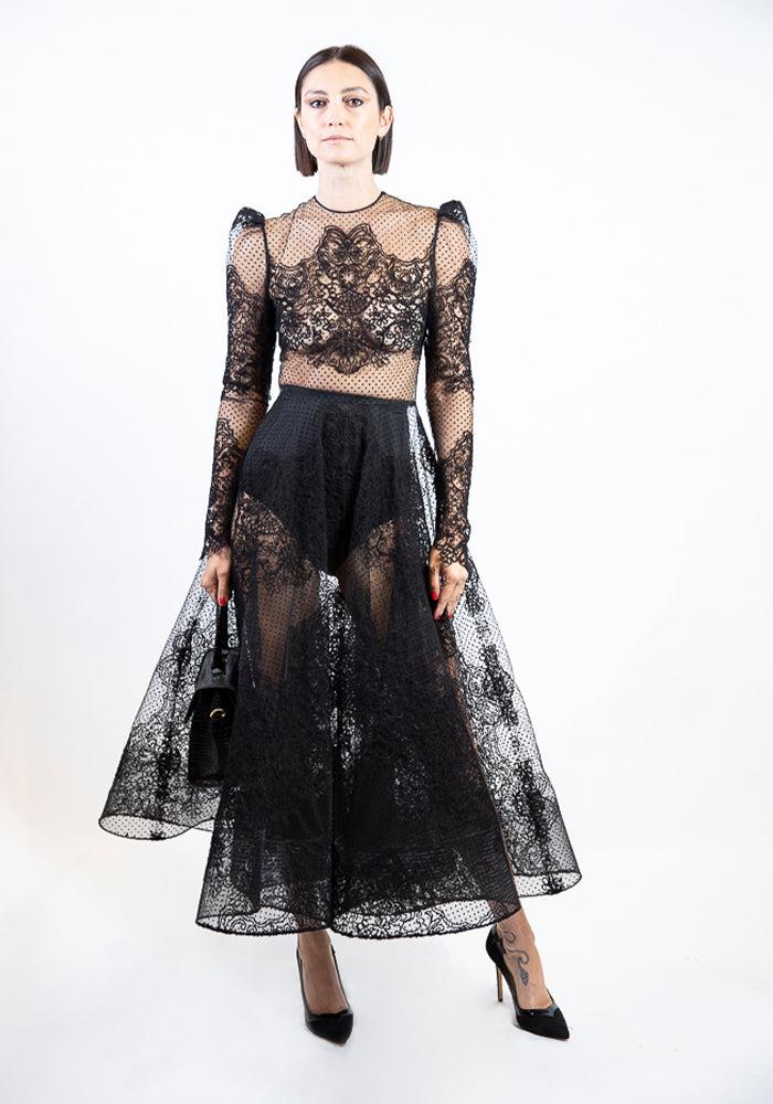 christian siriano Puff Sleeved Swiss Dot and Lace Tea Length Dress