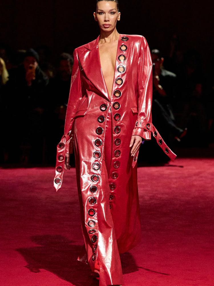 christian siriano Red Iridescent Grommet Long Line Coat