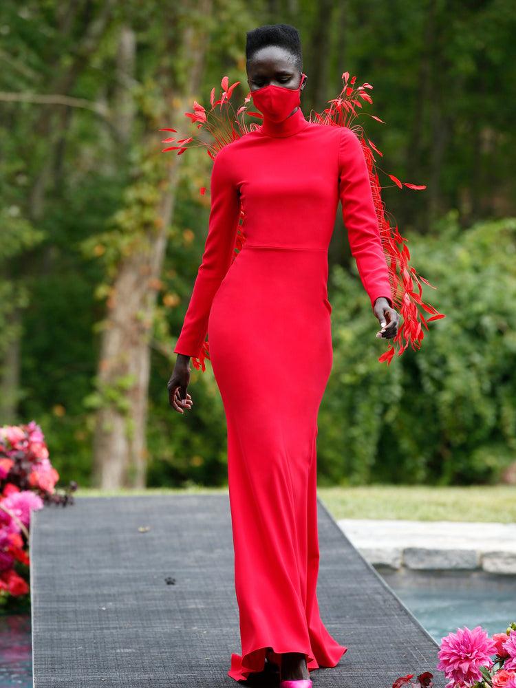 christian siriano Red Mock Neck Feather Detail Gown