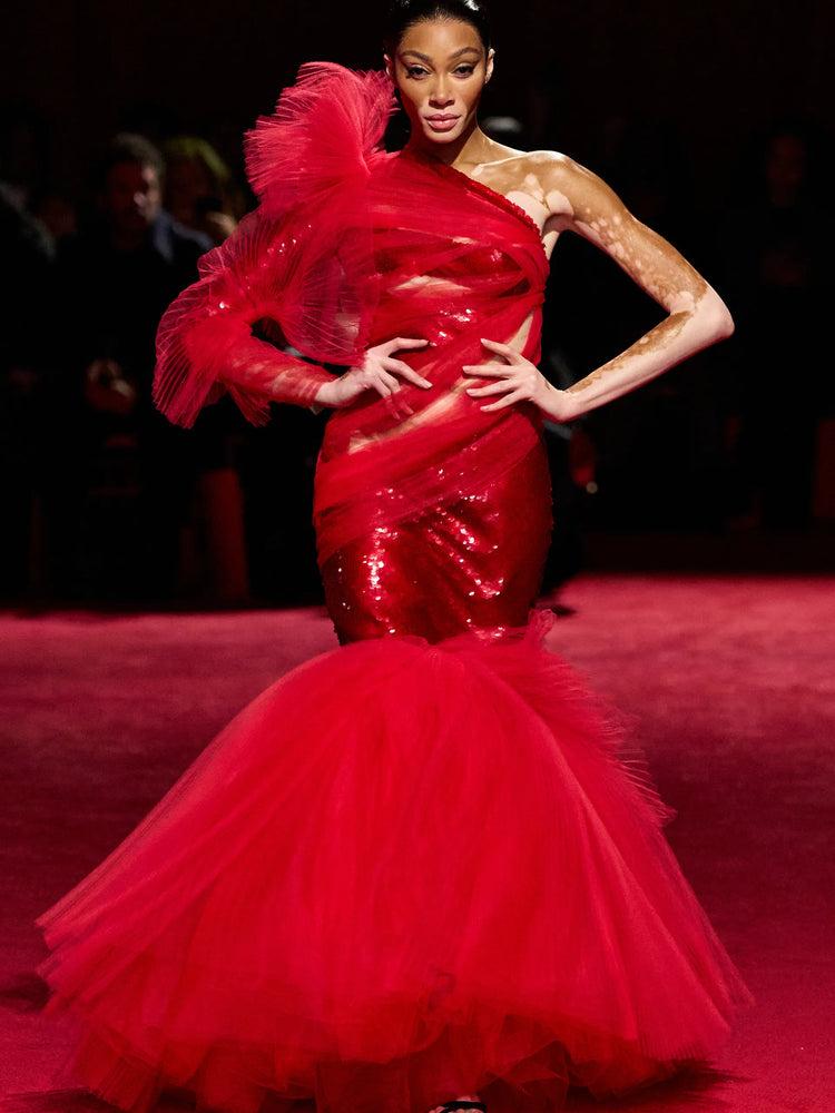 christian siriano Red Sequin and Pleated Tulle Mermaid Gown