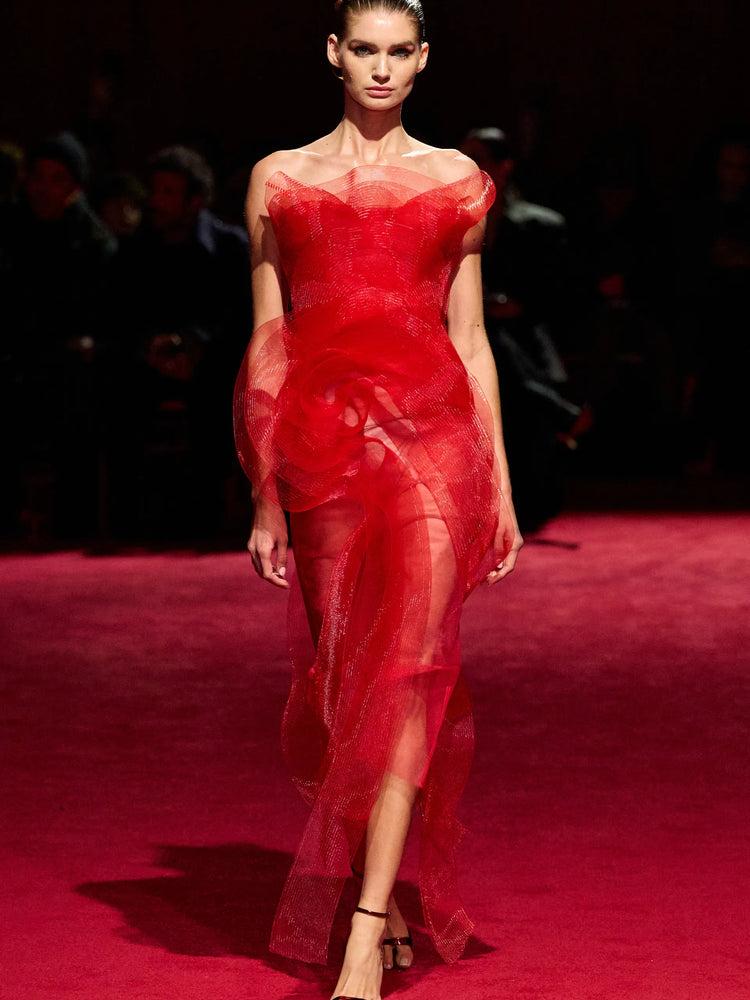christian siriano Red Strapless Horsehair Ruffle Midi Dress