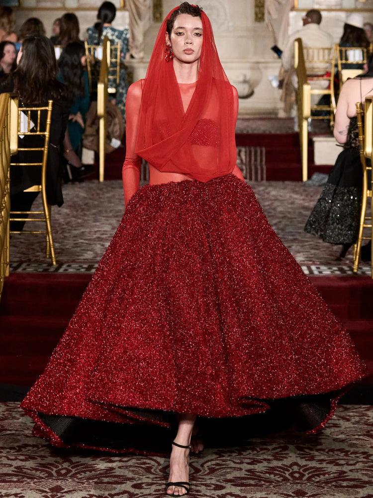 christian siriano Red Tinsel and Mesh Drop Waist Gown