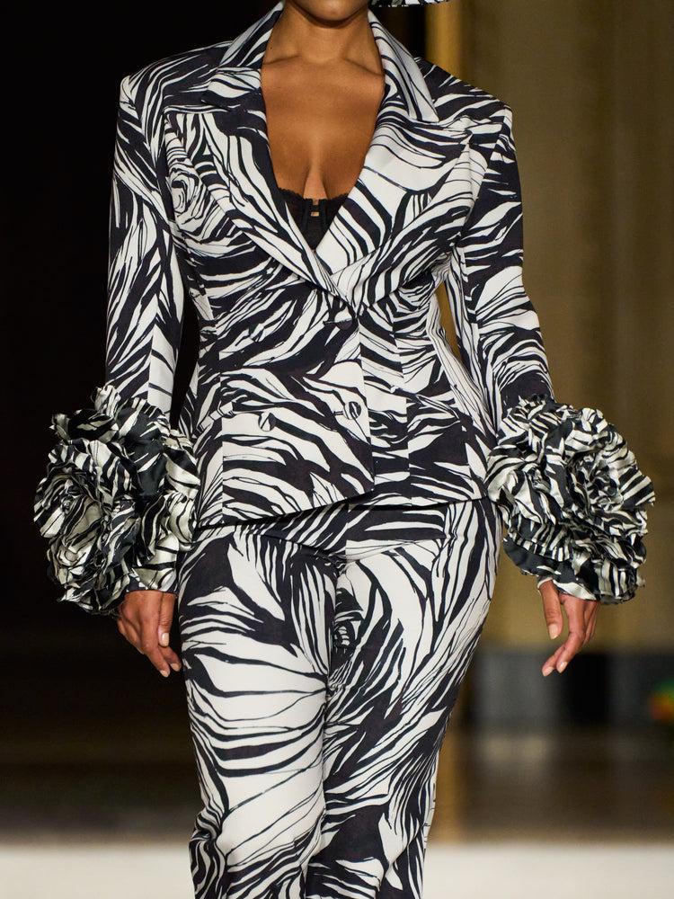 christian siriano Rose Print Double Breasted Floral Hem Blazer