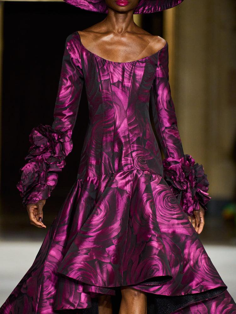 christian siriano Scoop Neck Rose Print High Low Gown