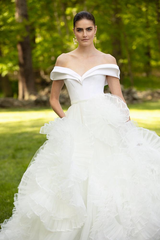 christian siriano Sculpted Crepe Off the Shoulder Bodice with Organza and Tulle Rosette Skirt