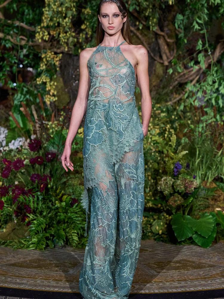 christian siriano SEAFOAM TATTOO LACE ASYMMETRIC DRAPED HALTER TOP