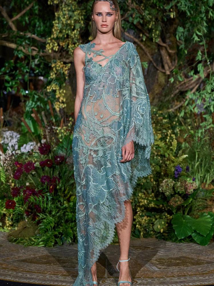 christian siriano SEAFOAM TATTOO LACE ASYMMETRIC HANDKERCHIEF DRESS