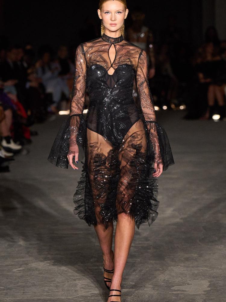 christian siriano Sequin Sparkle Swirl Double Keyhole Ruffle Mock Neck Dress