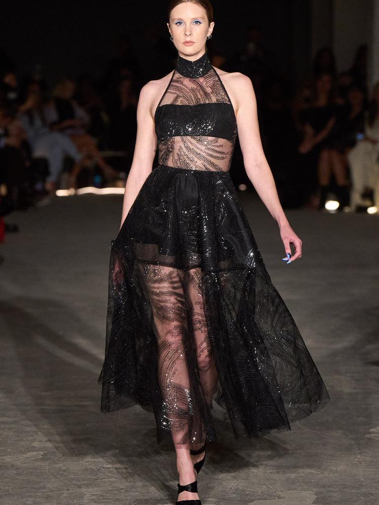 christian siriano Sequin Sparkle Swirl Halter Dress
