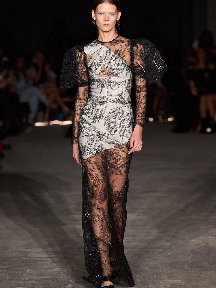 christian siriano Sequin Sparkle Swirl Puff Sleeve Gown