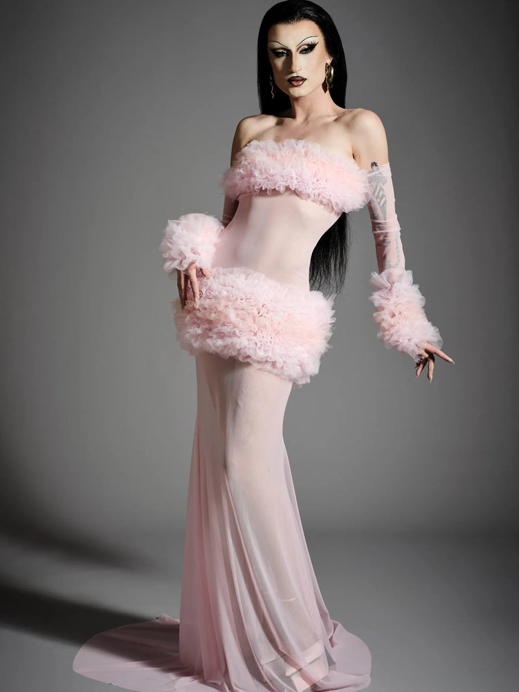 christian siriano Shirred Tulle and Mesh Long Sleeve Gown