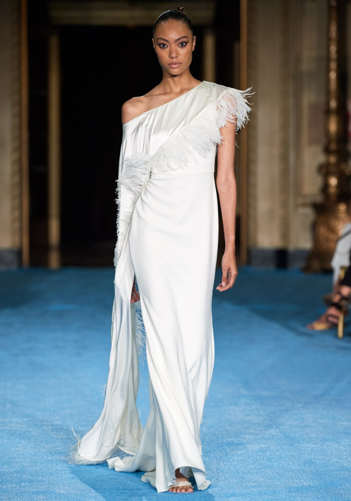 christian siriano Silk Cascading Feather Sleeve Gown