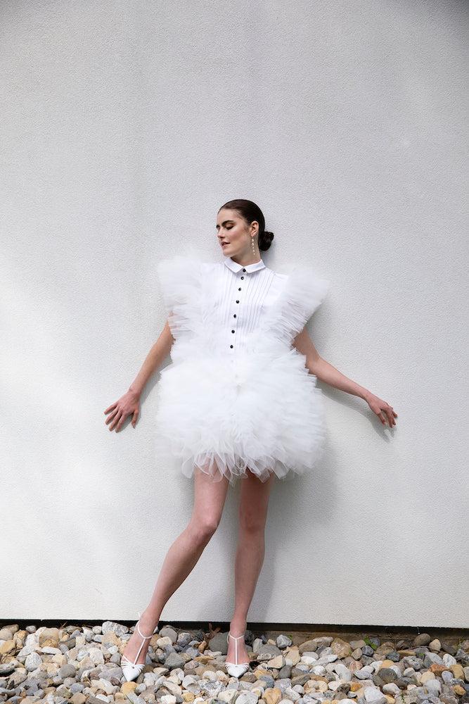 christian siriano Silk Faille and Tulle Tuxedo Mini Dress