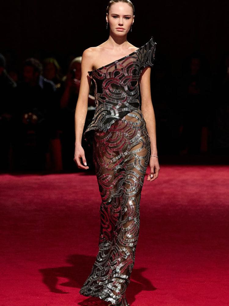 christian siriano Silver Tire Trek Paillette Asymmetric Structured Shoulder Gown