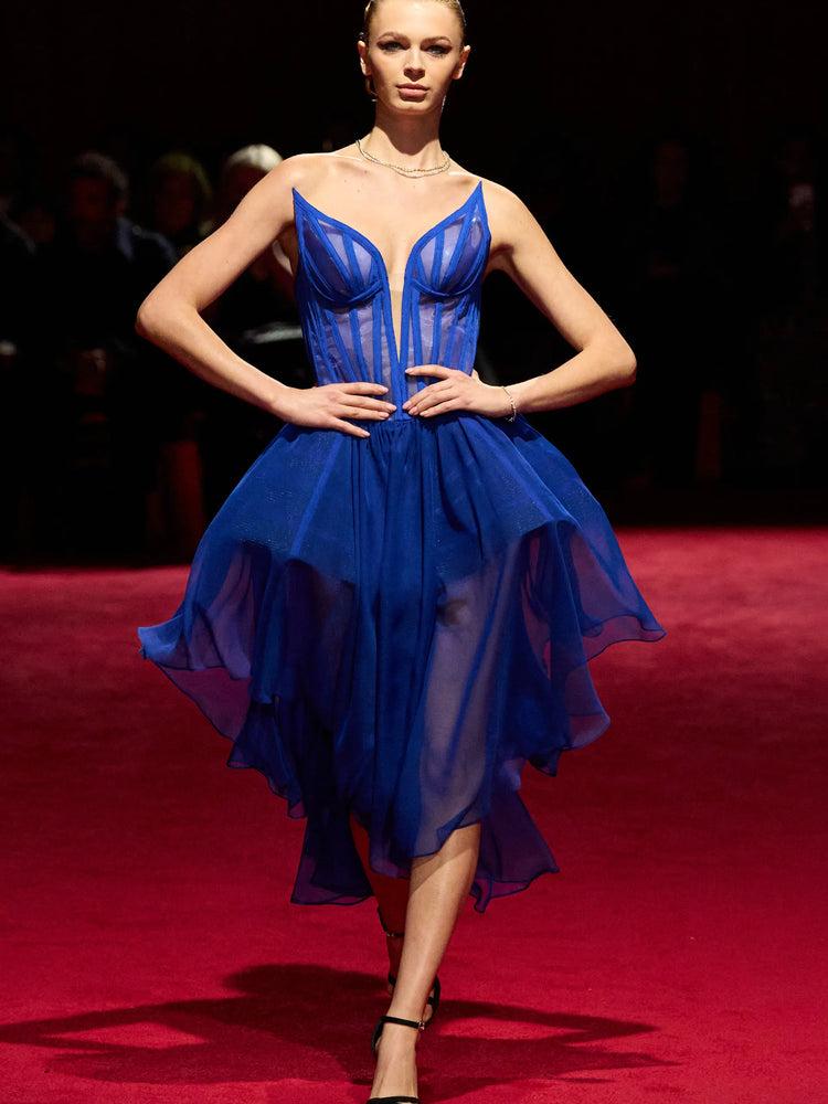 christian siriano Strapless Cobalt Corset Chiffon Peplum Dress