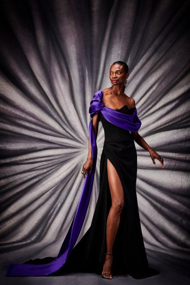 christian siriano Strapless High Slit Gown with Satin Purple Drape