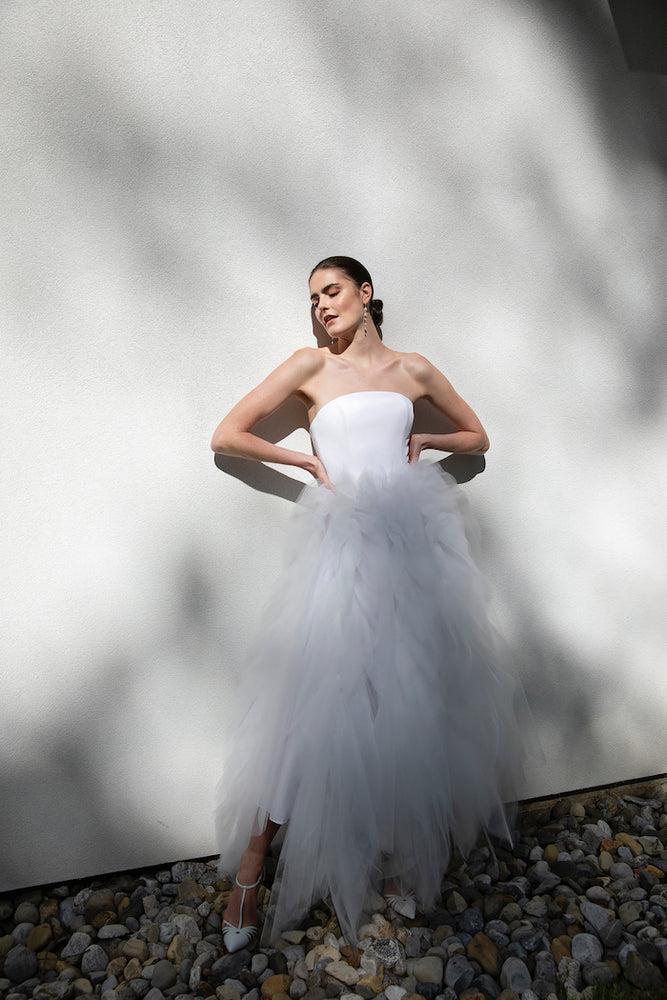 christian siriano Strapless Ruffle Tulle Tea Length Dress