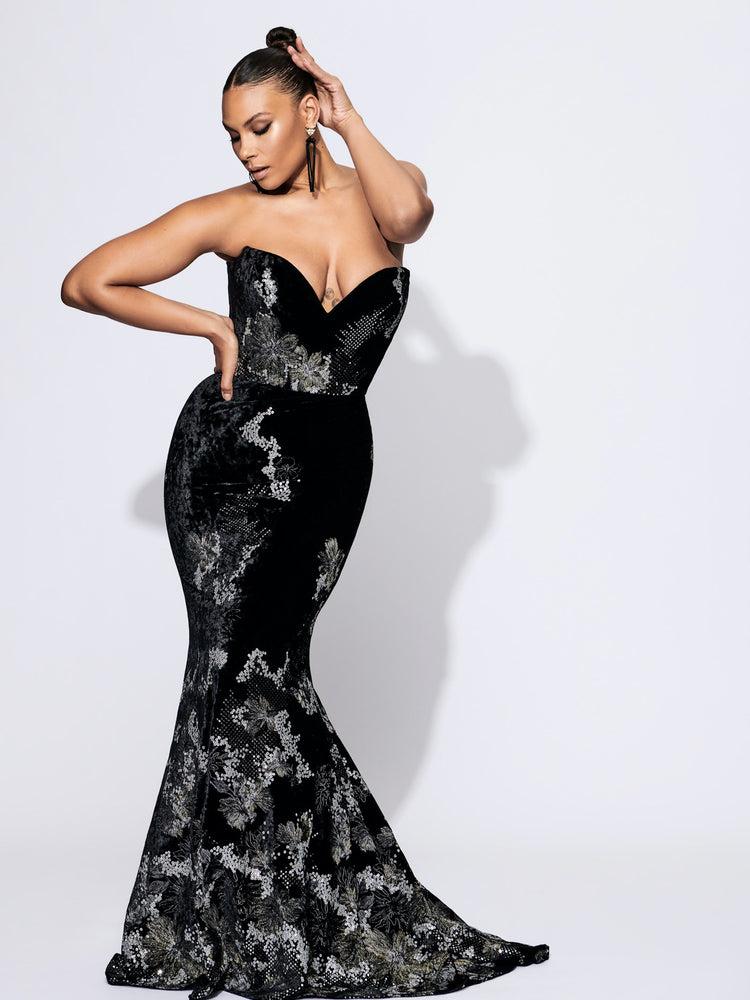 christian siriano Strapless Sweetheart Embellished Velvet Gown