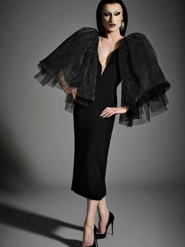 christian siriano Stripe Sequin Tulle Flutter Sleeve Midi Dress