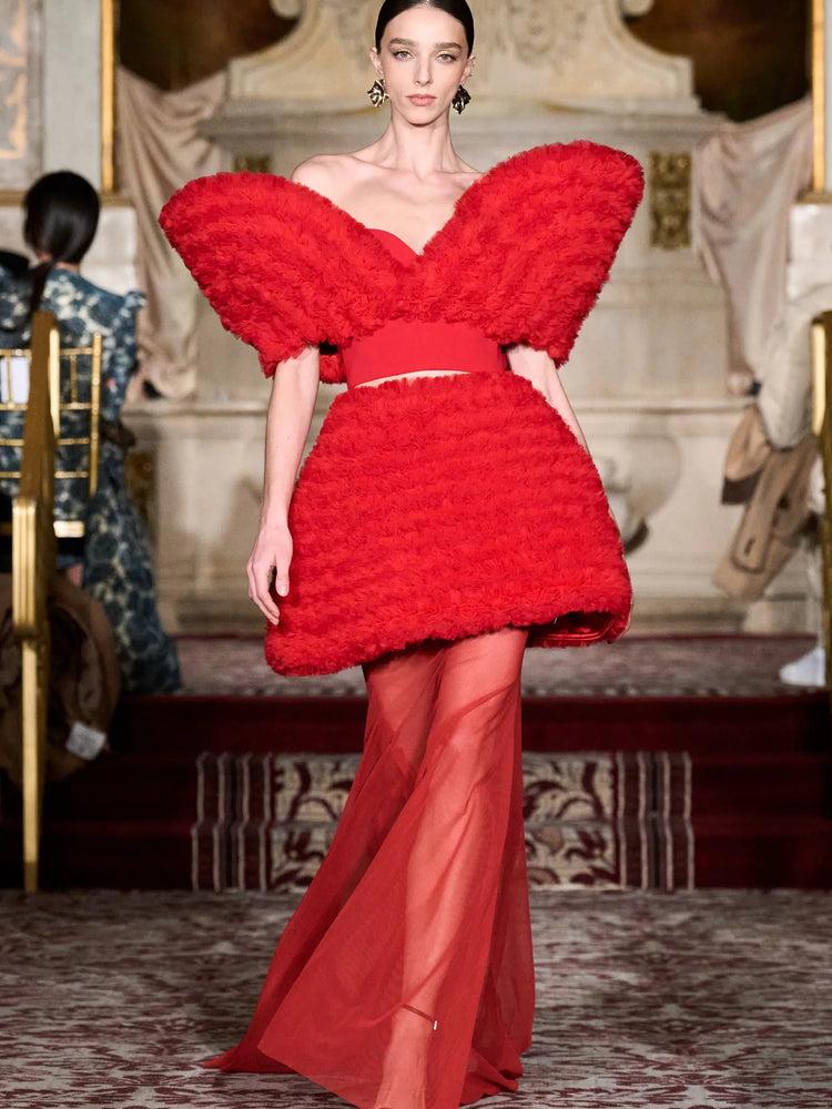 christian siriano Structured Red Tulle Top with Red Tulle Skirt
