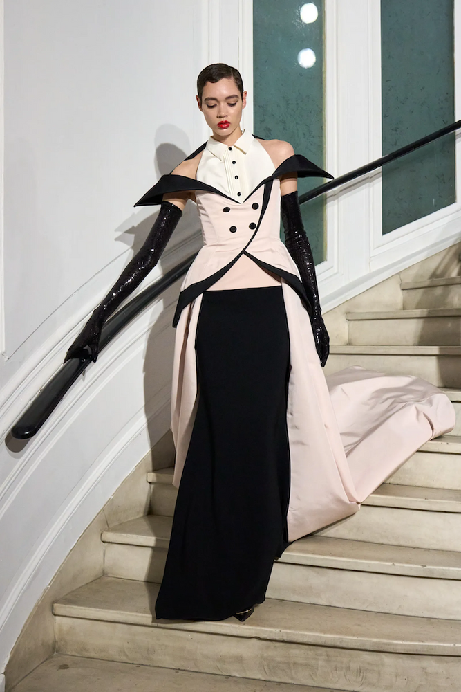 christian siriano Structured Shoulder Halter Tuxedo Column Gown with Overskirt