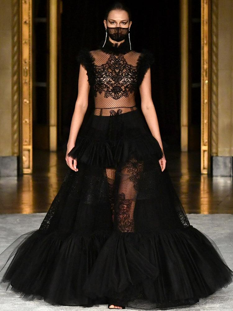 christian siriano Swiss Dot and Lace Tiered Tulle Detail Gown