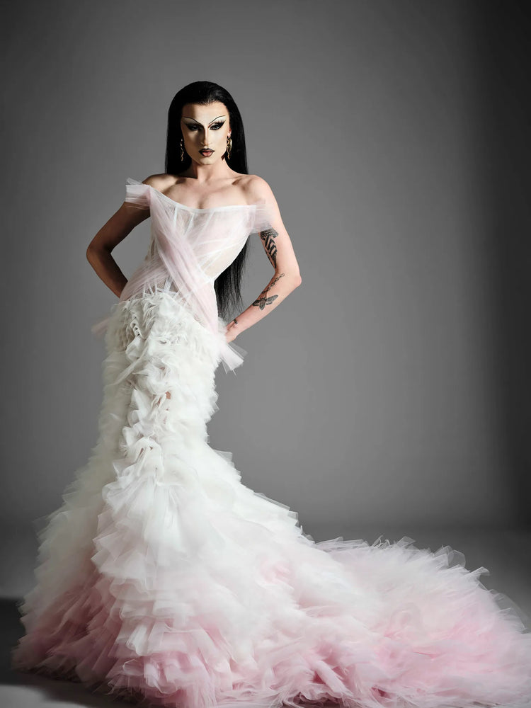 christian siriano Tulle Draped Corset Ombré Ruffle Gown