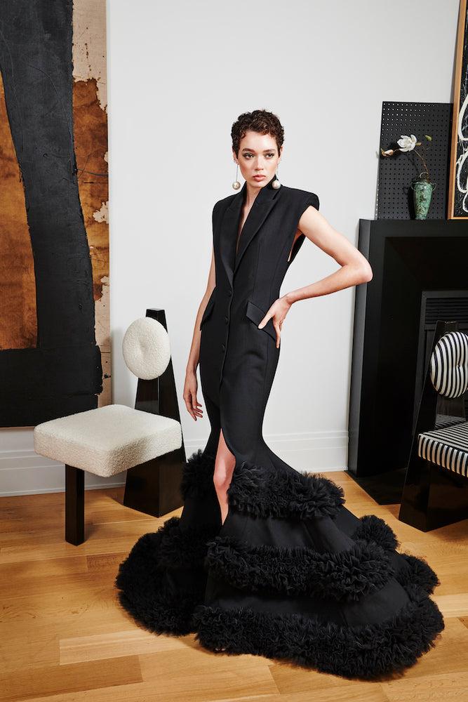 christian siriano Tuxedo Blazer Gown with Shirred Tulle Layers