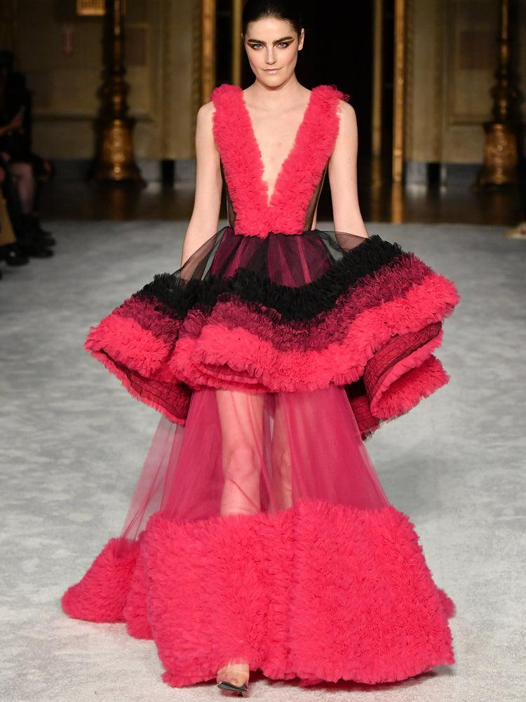 christian siriano V-Neck Tiered Embroidered Ombre Tulle High-Low Gown