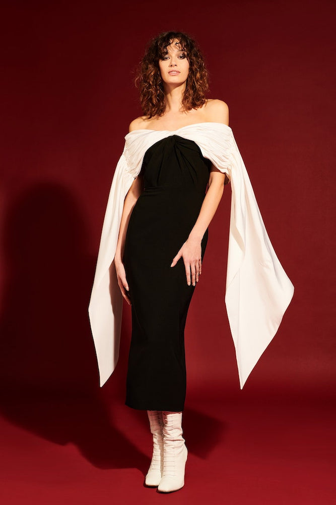 christian siriano White and Black Off the Shoulder Cascading Sleeve Dress